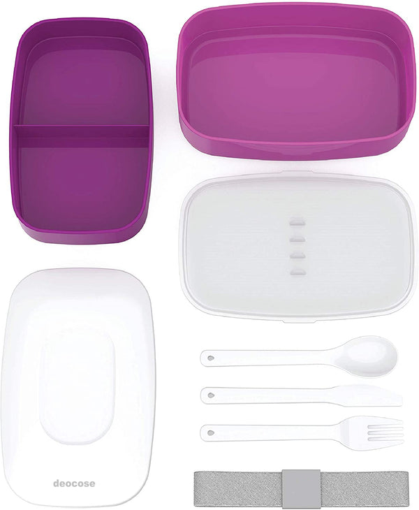 deocose All-in-One Stackable Bento Lunch Box Container - Sleek and Modern Bento-Style Design Includes 2 Stackable Containers, Built-in Plastic Utensil Set, and Nylon Sealing Strap (Purple)